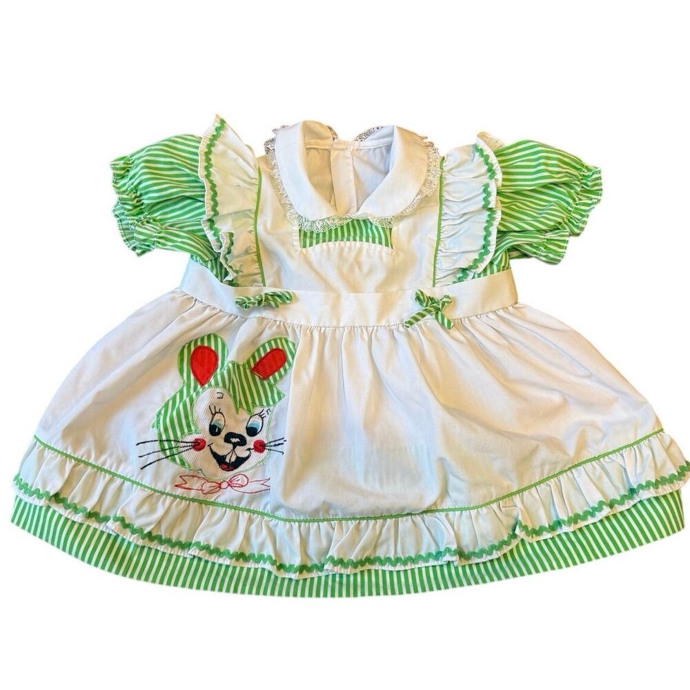 Vintage 50s  Bunny Mouse Cartoon Dress striped Puff Sleeve Peter Pan Collar 12M
